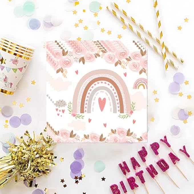 40 X RAINBOW FLOWER PATTERN NAPKINS IDEAL FOR BABY SHOWER BIRTHDAY GIRLS CHILDREN DISPOSABLE PAPER NAPKINS - Image 4